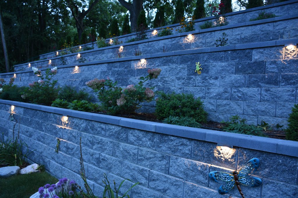 Backyard landscape Lighting in a Retaining Wall