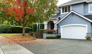 Blue house with a maple tree covered in fall colored leaves. 