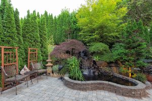 Backyard garden with beautiful landscaping including green trees and hardscapes. 